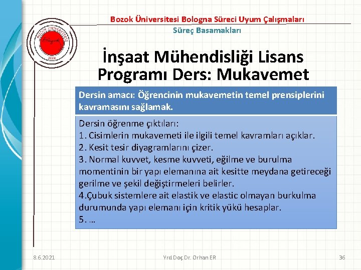 Bozok Üniversitesi Bologna Süreci Uyum Çalışmaları Süreç Basamakları İnşaat Mühendisliği Lisans Programı Ders: Mukavemet