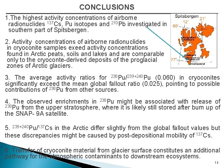 CONCLUSIONS 1. The highest activity concentrations of airborne radionuclides 137 Cs, Pu isotopes and