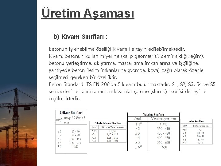 Üretim Aşaması b) Kıvam Sınıfları : Betonun işlenebilme özelliği kıvamı ile tayin edilebilmektedir. Kıvam,