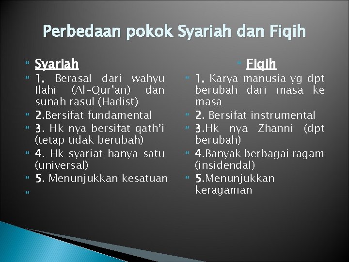 Perbedaan pokok Syariah dan Fiqih Syariah 1. Berasal dari wahyu Ilahi (Al-Qur’an) dan sunah