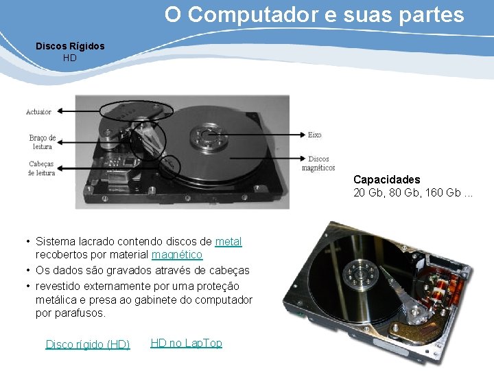 O Computador e suas partes Discos Rígidos HD Capacidades 20 Gb, 80 Gb, 160