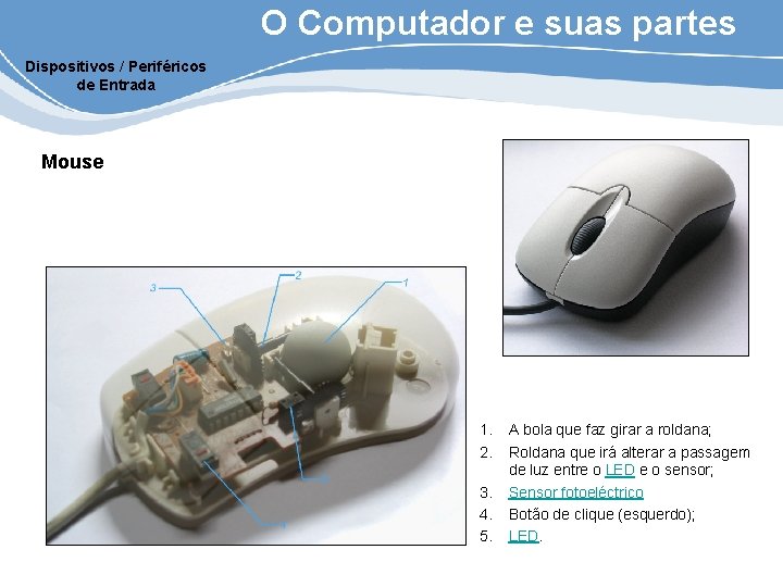 O Computador e suas partes Dispositivos / Periféricos de Entrada Mouse 1. 2. 3.