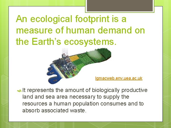 An ecological footprint is a measure of human demand on the Earth’s ecosystems. lgmacweb.