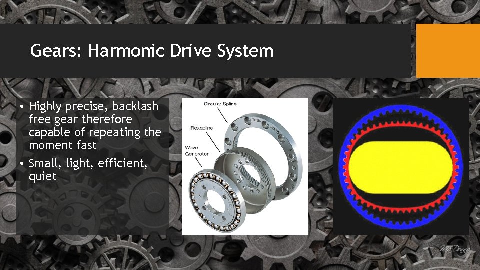 Gears: Harmonic Drive System • Highly precise, backlash free gear therefore capable of repeating