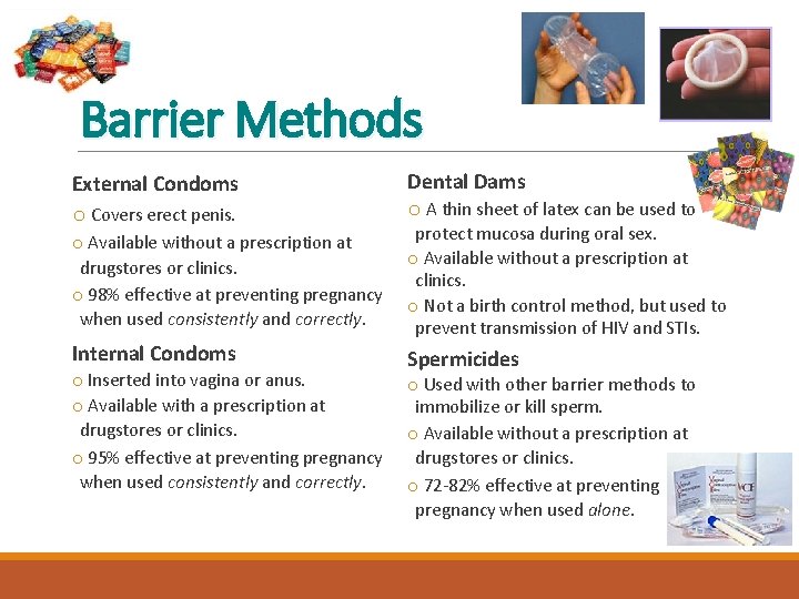 Barrier Methods External Condoms o Covers erect penis. Dental Dams o A thin sheet