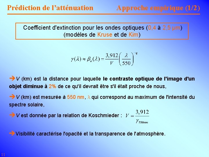 Prédiction de l’atténuation Approche empirique (1/2) Coefficient d'extinction pour les ondes optiques (0, 4