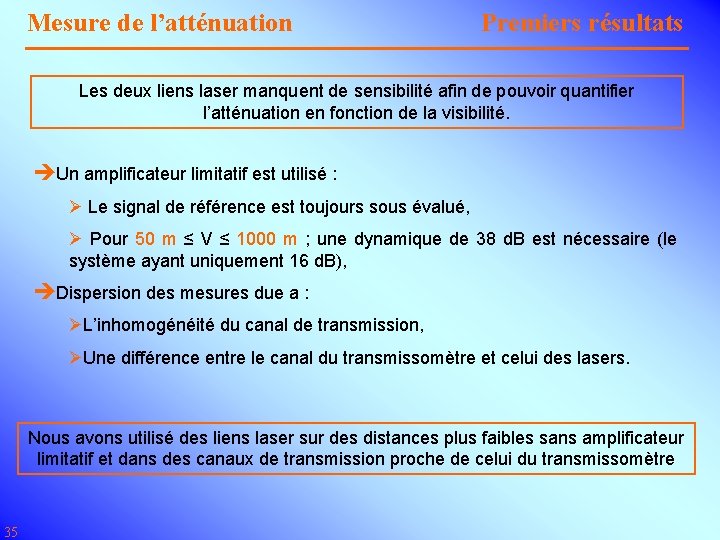 Mesure de l’atténuation Premiers résultats Les deux liens laser manquent de sensibilité afin de