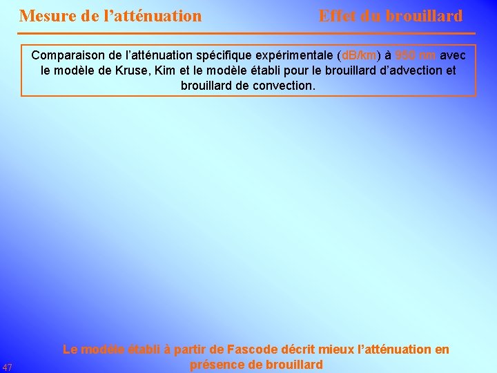 Mesure de l’atténuation Effet du brouillard Comparaison de l’atténuation spécifique expérimentale (d. B/km) à