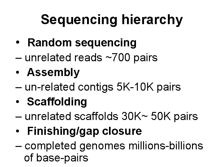 Sequencing hierarchy • Random sequencing – unrelated reads ~700 pairs • Assembly – un-related