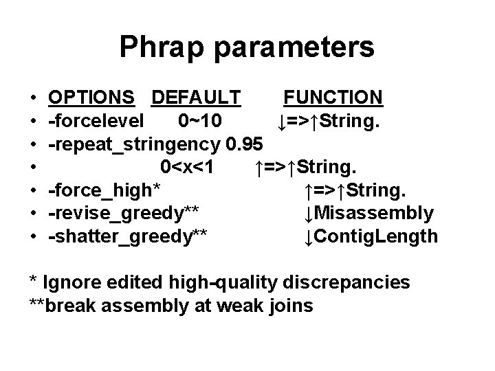 Phrap parameters • • OPTIONS DEFAULT FUNCTION -forcelevel 0~10 ↓=>↑String. -repeat_stringency 0. 95 0<x<1