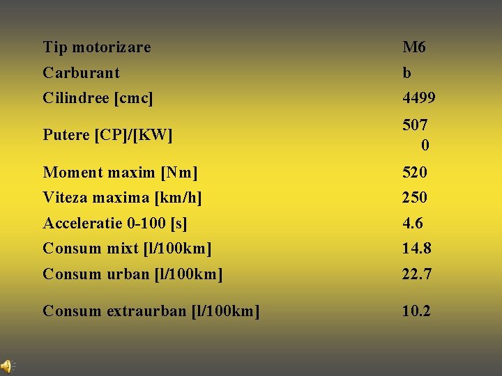 Tip motorizare M 6 Carburant b Cilindree [cmc] 4499 Putere [CP]/[KW] 507 0 Moment
