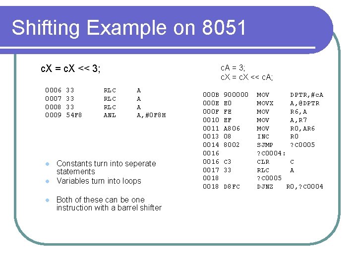 Shifting Example on 8051 c. X = c. X << 3; 0006 0007 0008