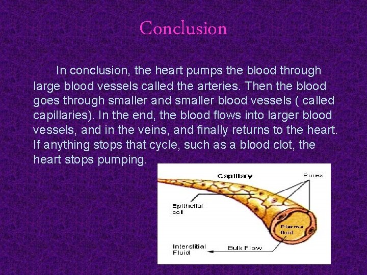 Conclusion In conclusion, the heart pumps the blood through large blood vessels called the