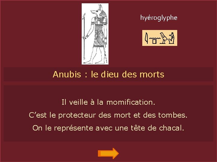 hyéroglyphe Anubis : le dieu des morts ANUBIS Il veille à la momification. C’est