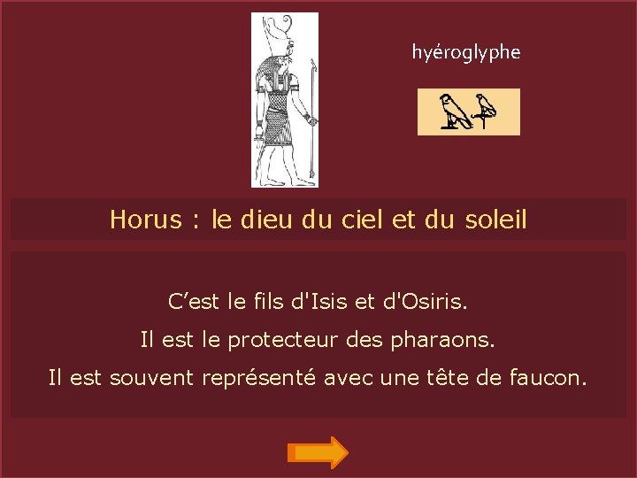 hyéroglyphe Horus : le dieu du ciel et du soleil HORUS C’est le fils