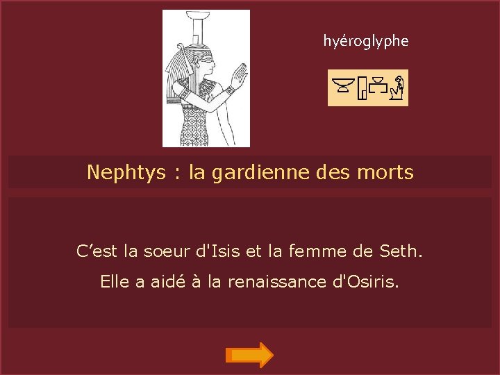 hyéroglyphe Nephtys : la gardienne des morts NEPHTYS C’est la soeur d'Isis et la