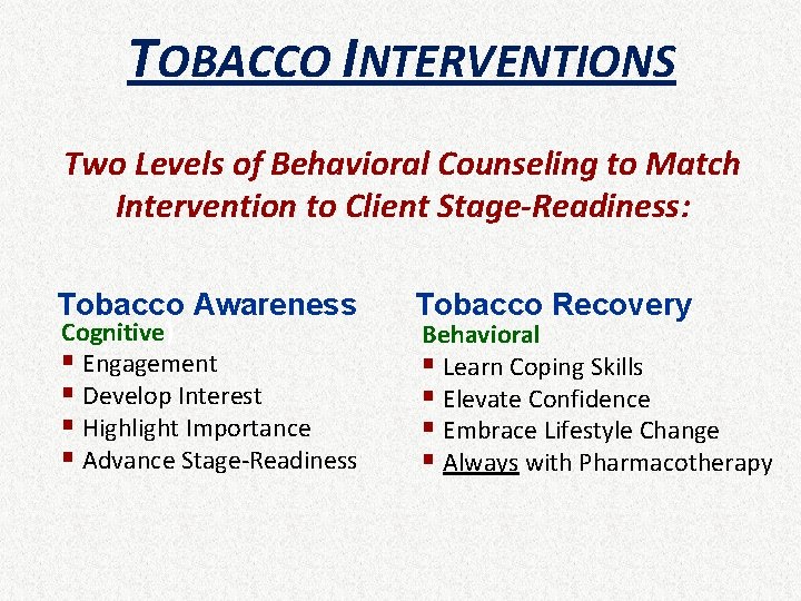 TOBACCO INTERVENTIONS Two Levels of Behavioral Counseling to Match Intervention to Client Stage-Readiness: Tobacco