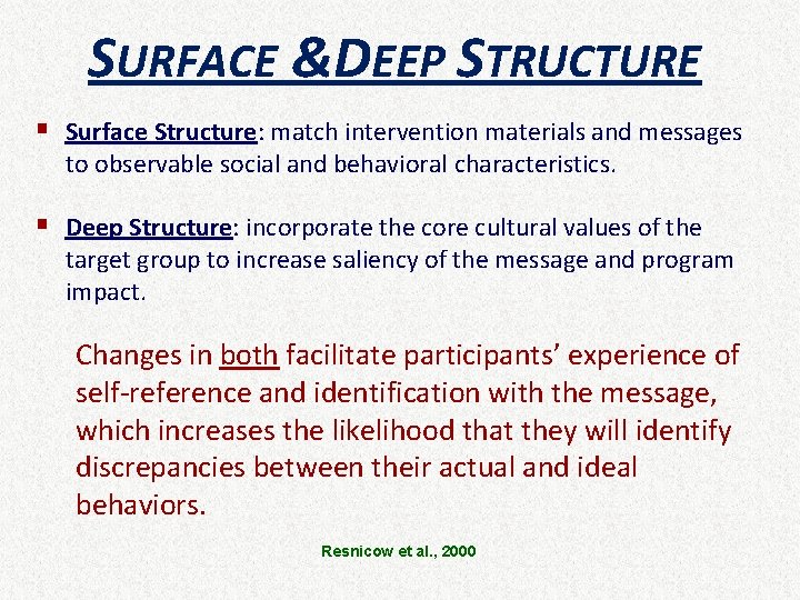 SURFACE &DEEP STRUCTURE § Surface Structure: match intervention materials and messages to observable social