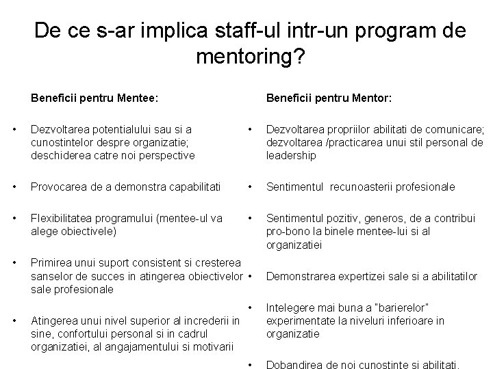 De ce s-ar implica staff-ul intr-un program de mentoring? Beneficii pentru Mentee: Beneficii pentru