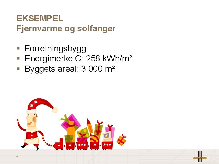 EKSEMPEL Fjernvarme og solfanger § Forretningsbygg § Energimerke C: 258 k. Wh/m² § Byggets