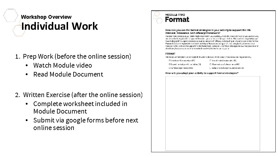 Workshop Overview Individual Work 1. Prep Work (before the online session) • Watch Module