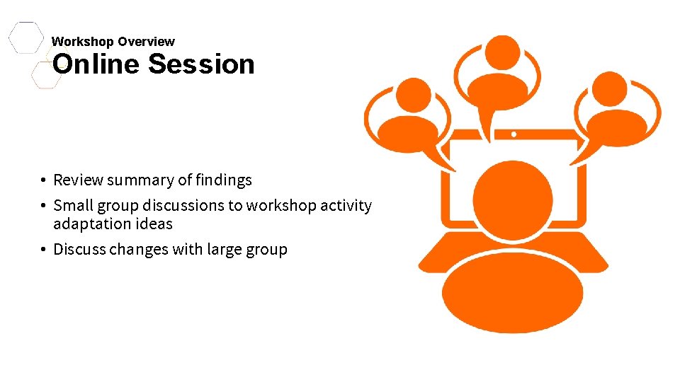 Workshop Overview Online Session • Review summary of findings • Small group discussions to