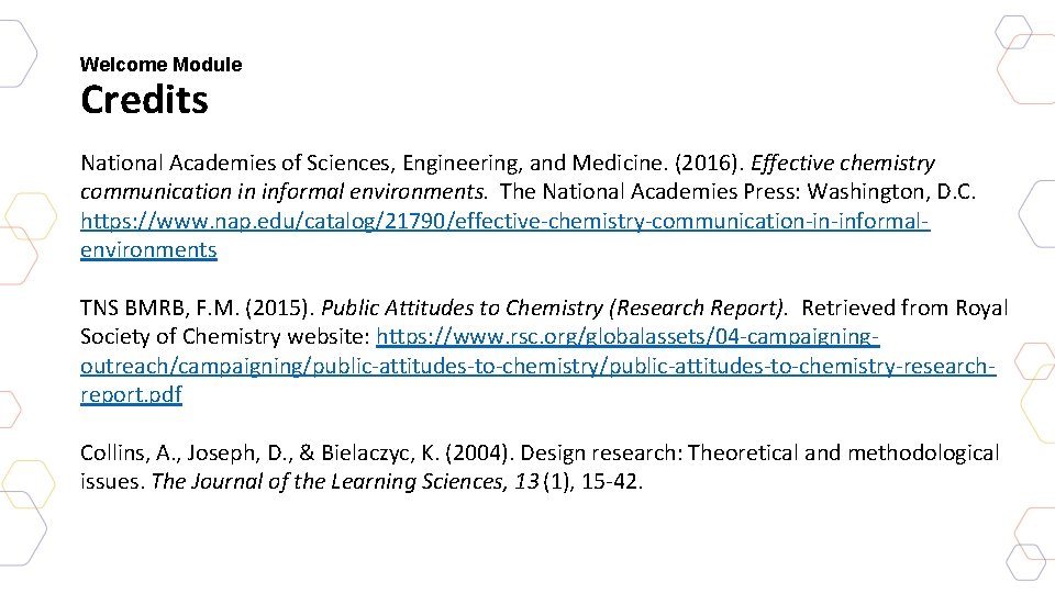 Welcome Module Credits National Academies of Sciences, Engineering, and Medicine. (2016). Effective chemistry communication