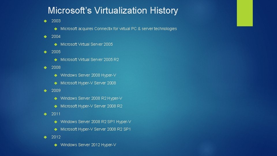 Microsoft’s Virtualization History 2003 Microsoft acquires Connectix for virtual PC & server technologies 2004