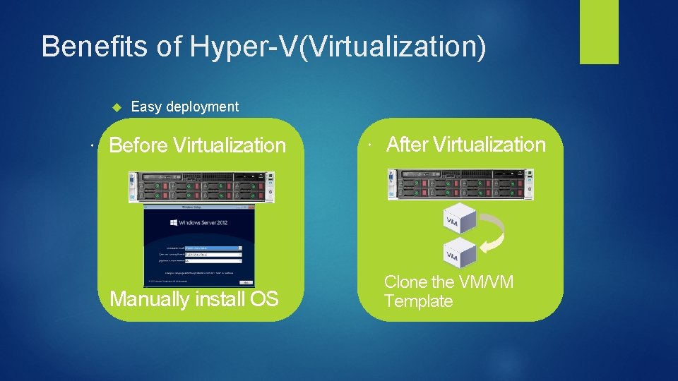 Benefits of Hyper-V(Virtualization) Easy deployment Before Virtualization Manually install OS After Virtualization Clone the