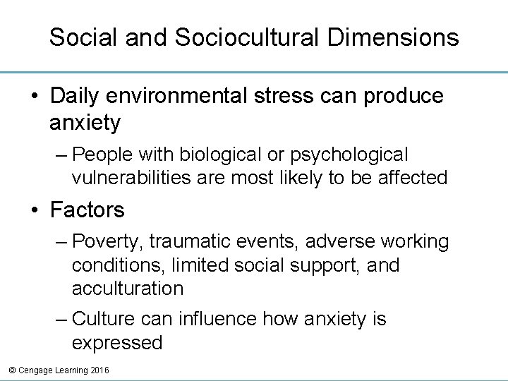 Social and Sociocultural Dimensions • Daily environmental stress can produce anxiety – People with