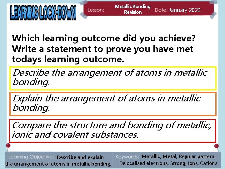 Metallic Bonding Revision January 2022 Which learning outcome did you achieve? Write a statement