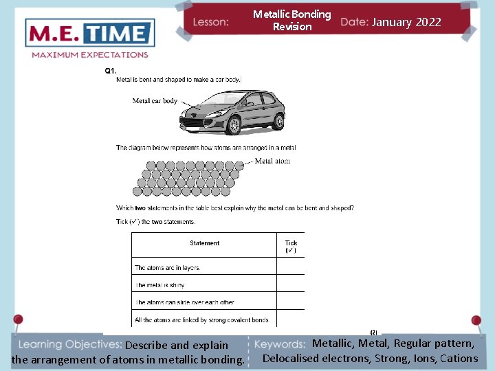 Metallic Bonding Revision Describe and explain the arrangement of atoms in metallic bonding. January