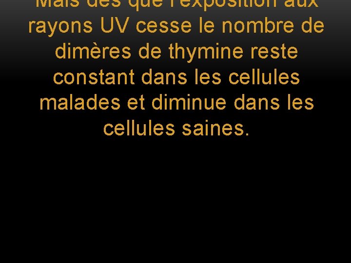 Mais dès que l’exposition aux rayons UV cesse le nombre de dimères de thymine