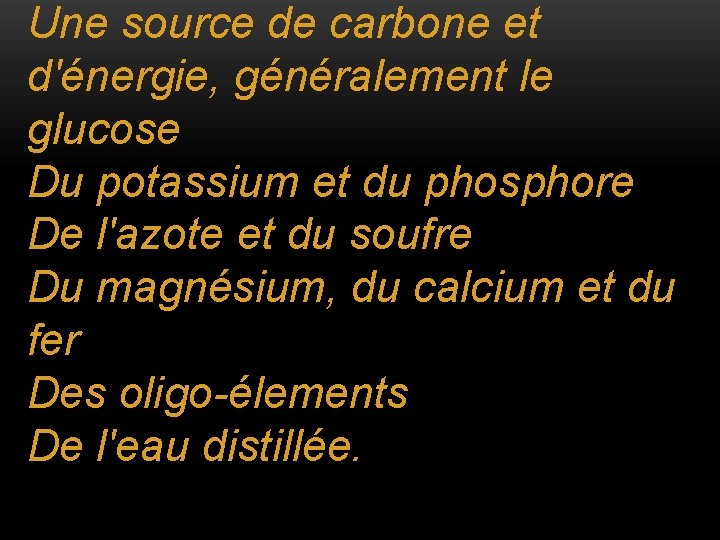 Une source de carbone et d'énergie, généralement le glucose Du potassium et du phosphore