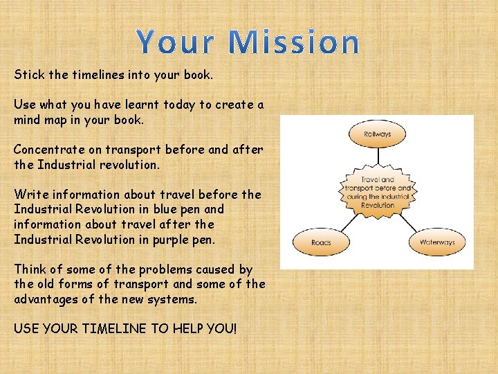 Stick the timelines into your book. Use what you have learnt today to create