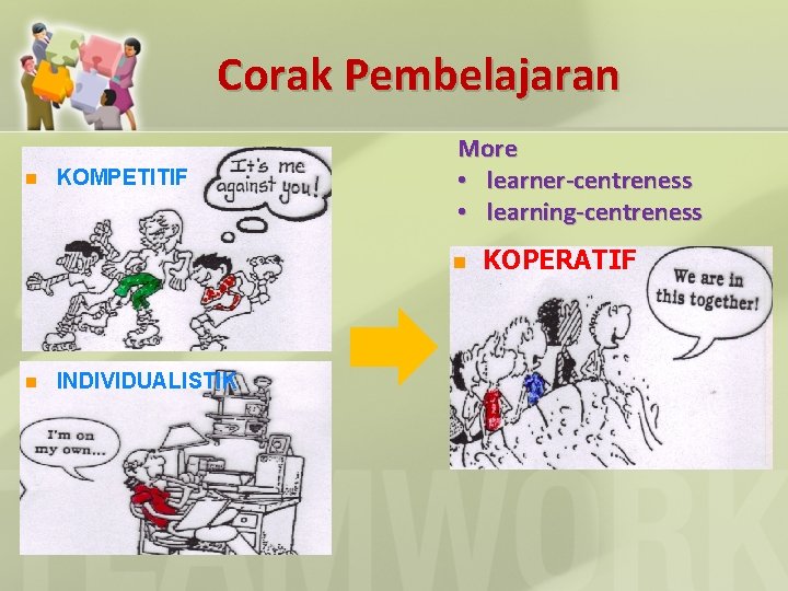 Corak Pembelajaran n KOMPETITIF More • learner-centreness • learning-centreness n n INDIVIDUALISTIK KOPERATIF 