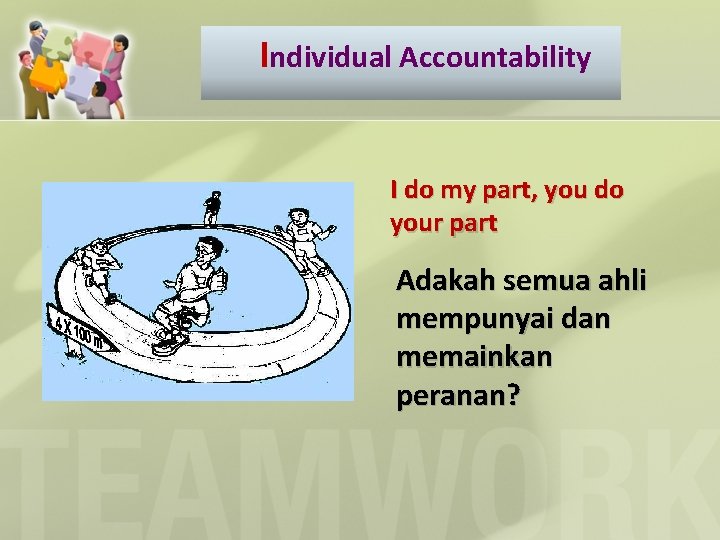 Individual Accountability I do my part, you do your part Adakah semua ahli mempunyai