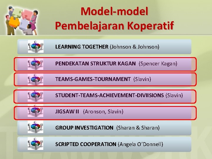 Model-model Pembelajaran Koperatif LEARNING TOGETHER (Johnson & Johnson) PENDEKATAN STRUKTUR KAGAN (Spencer Kagan) TEAMS-GAMES-TOURNAMENT