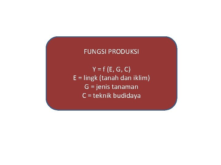 FUNGSI PRODUKSI Y = f (E, G, C) E = lingk (tanah dan iklim)