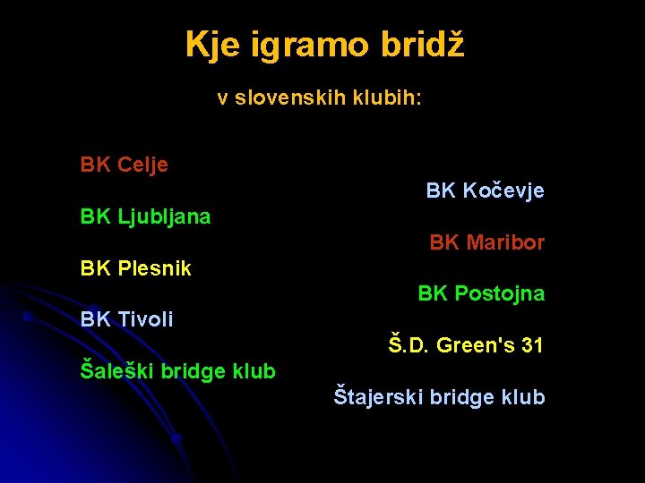 Kje igramo bridž v slovenskih klubih: BK Celje BK Kočevje BK Ljubljana BK Maribor