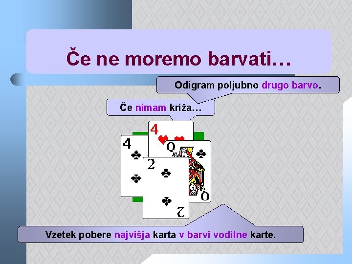 Če ne moremo barvati… Odigram poljubno drugo barvo. Če nimam križa… Vzetek pobere najvišja