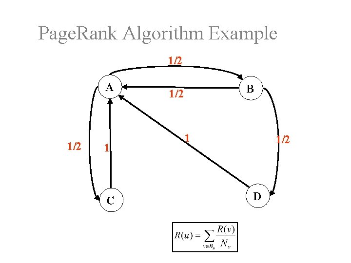 Page. Rank Algorithm Example 1/2 A 1/2 1 C B 1/2 1 1/2 D