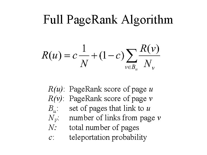 Full Page. Rank Algorithm R(u): R(v): Bu: N V: N: c: Page. Rank score