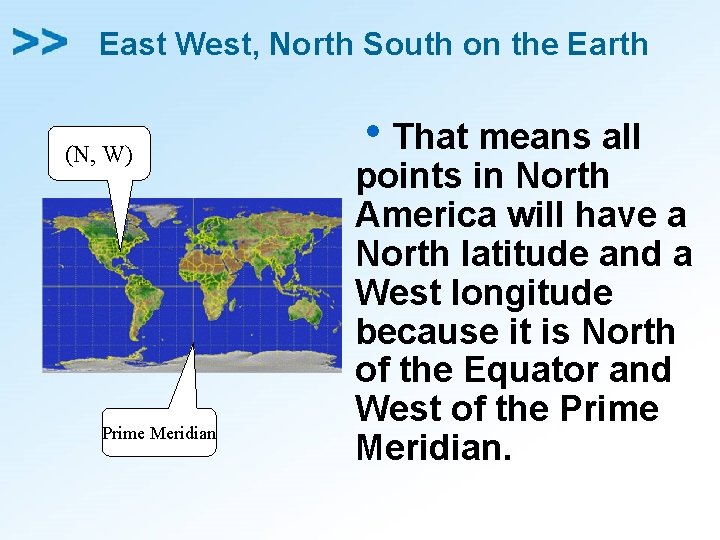 East West, North South on the Earth (N, W) Prime Meridian h. That means