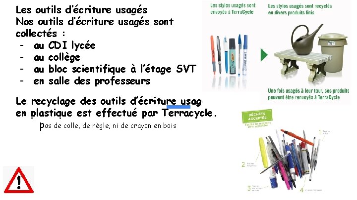 Les outils d’écriture usagés Nos outils d’écriture usagés sont collectés : - au CDI