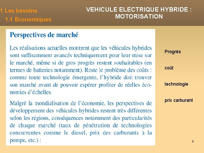 1 Les besoins 1. 1 Economiques VEHICULE ELECTRIQUE HYBRIDE : MOTORISATION Progrès coût technologie