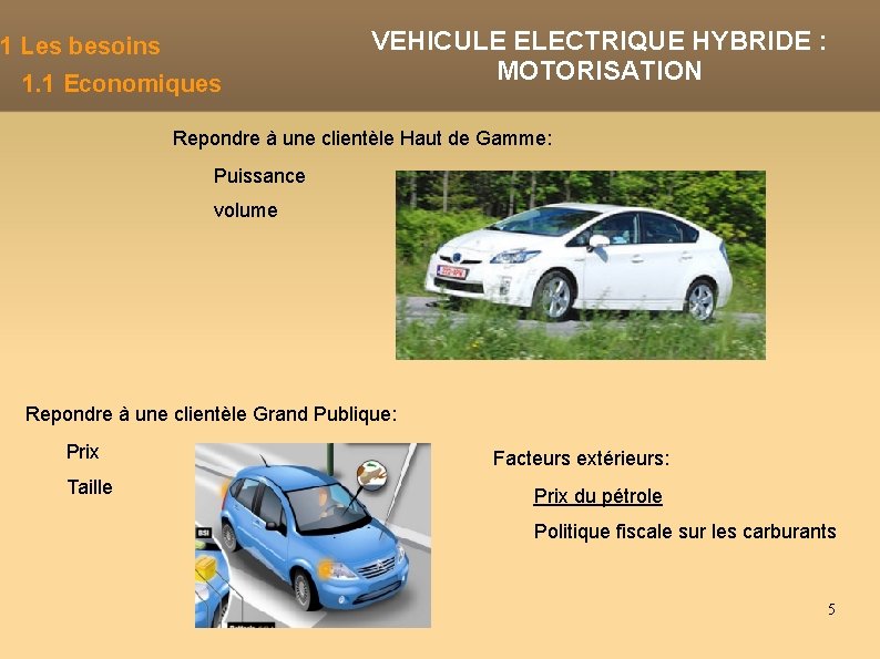 1 Les besoins 1. 1 Economiques VEHICULE ELECTRIQUE HYBRIDE : MOTORISATION Repondre à une