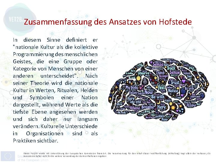 Zusammenfassung des Ansatzes von Hofstede In diesem Sinne definiert er "nationale Kultur als die