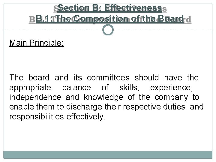 Section B: Effectiveness B. 1: The Composition of the Board Main Principle: The board