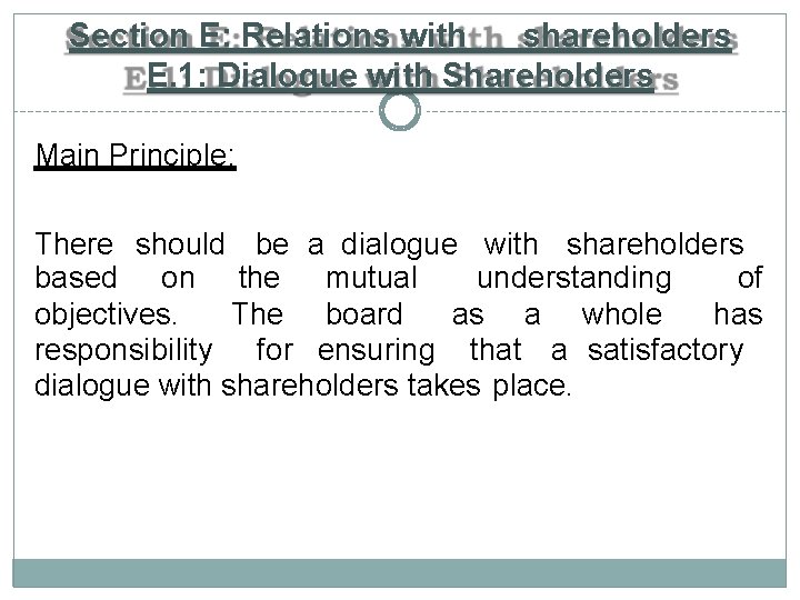 Section E: Relations with shareholders E. 1: Dialogue with Shareholders Main Principle: There should